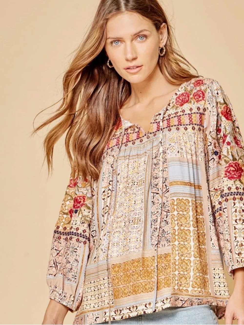 Savanna Jane Pink Patchwork Peasant Tunic with Rose Embroidery